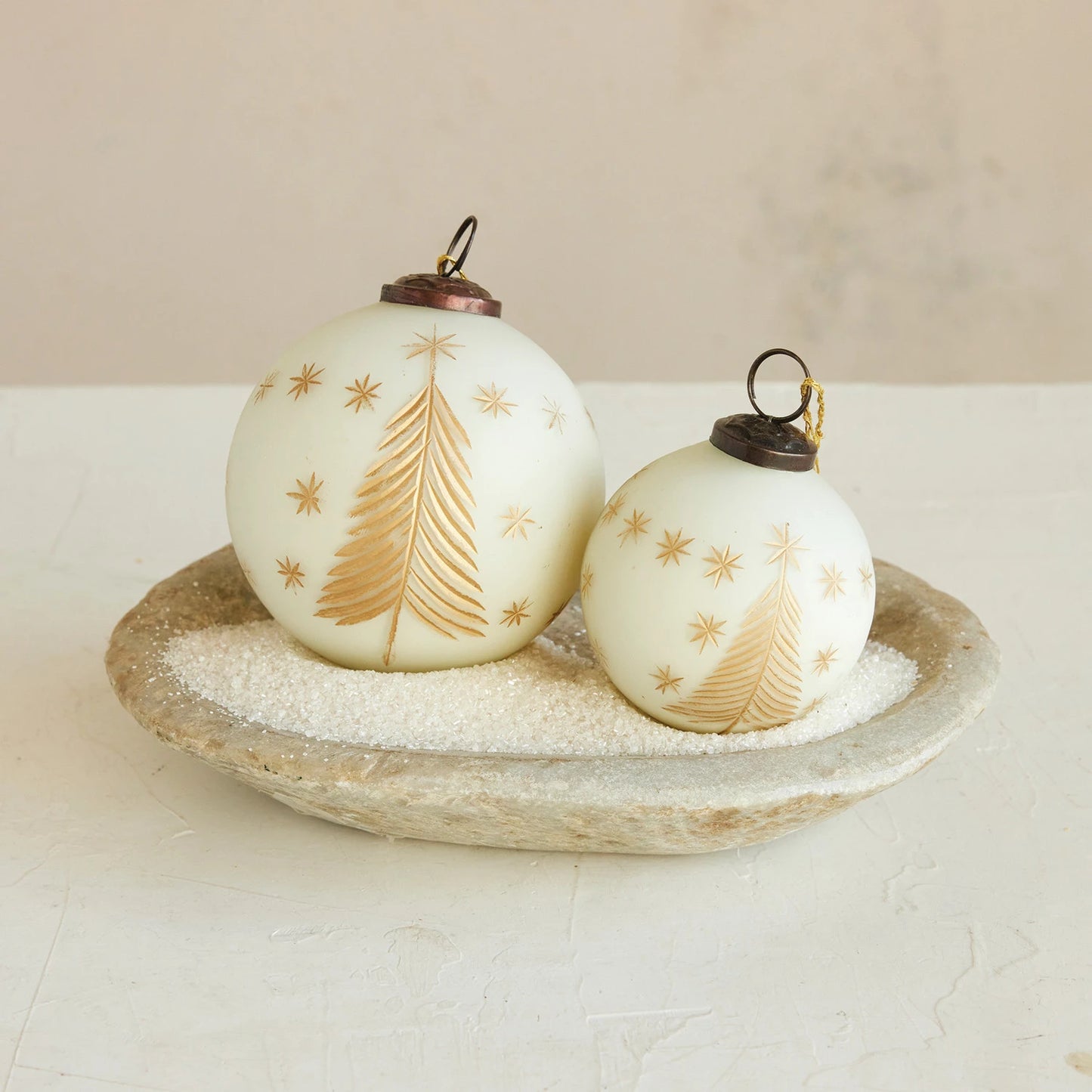 Ivory Ball Ornament with Tree and Stars