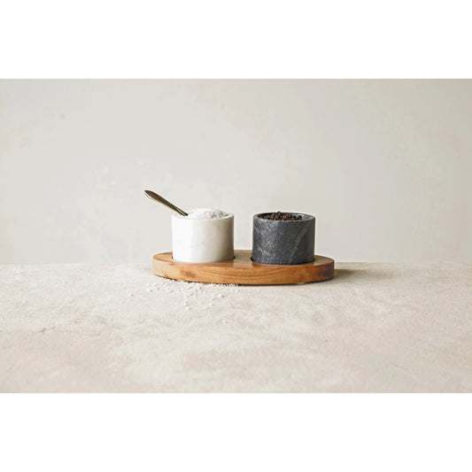 Salt and Paper Marble Bowls with Tray and Spoon