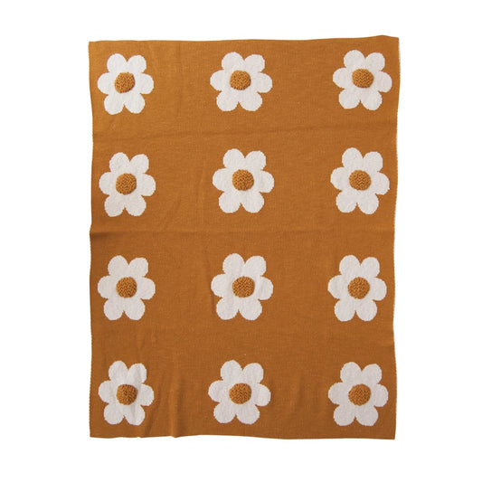 Knit Cotton Blanket in Mustard with Flowers