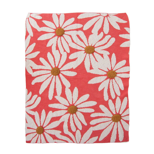 Cotton Knit Blanket in Coral with Flowers