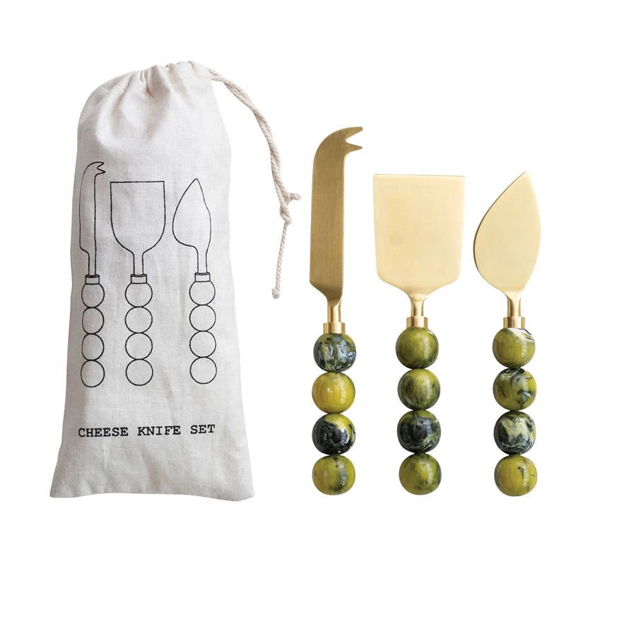 Gold Cheese Knives with Marble Resin Handle Green