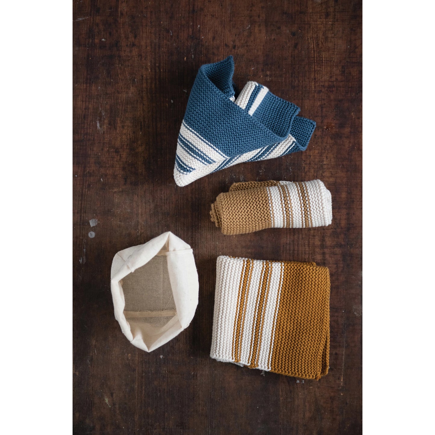 Mustard Tan Blue Dishcloths